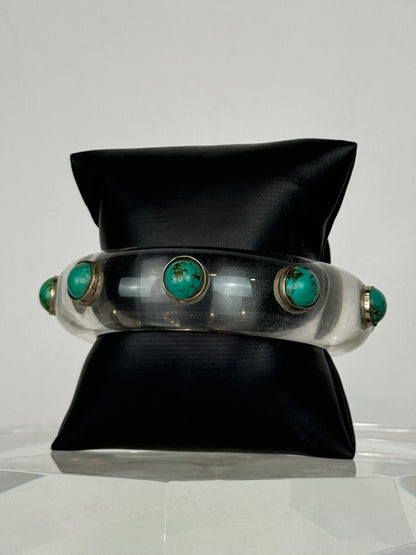 Handcrafted Clear Thick Bangle w Turquoise Stones