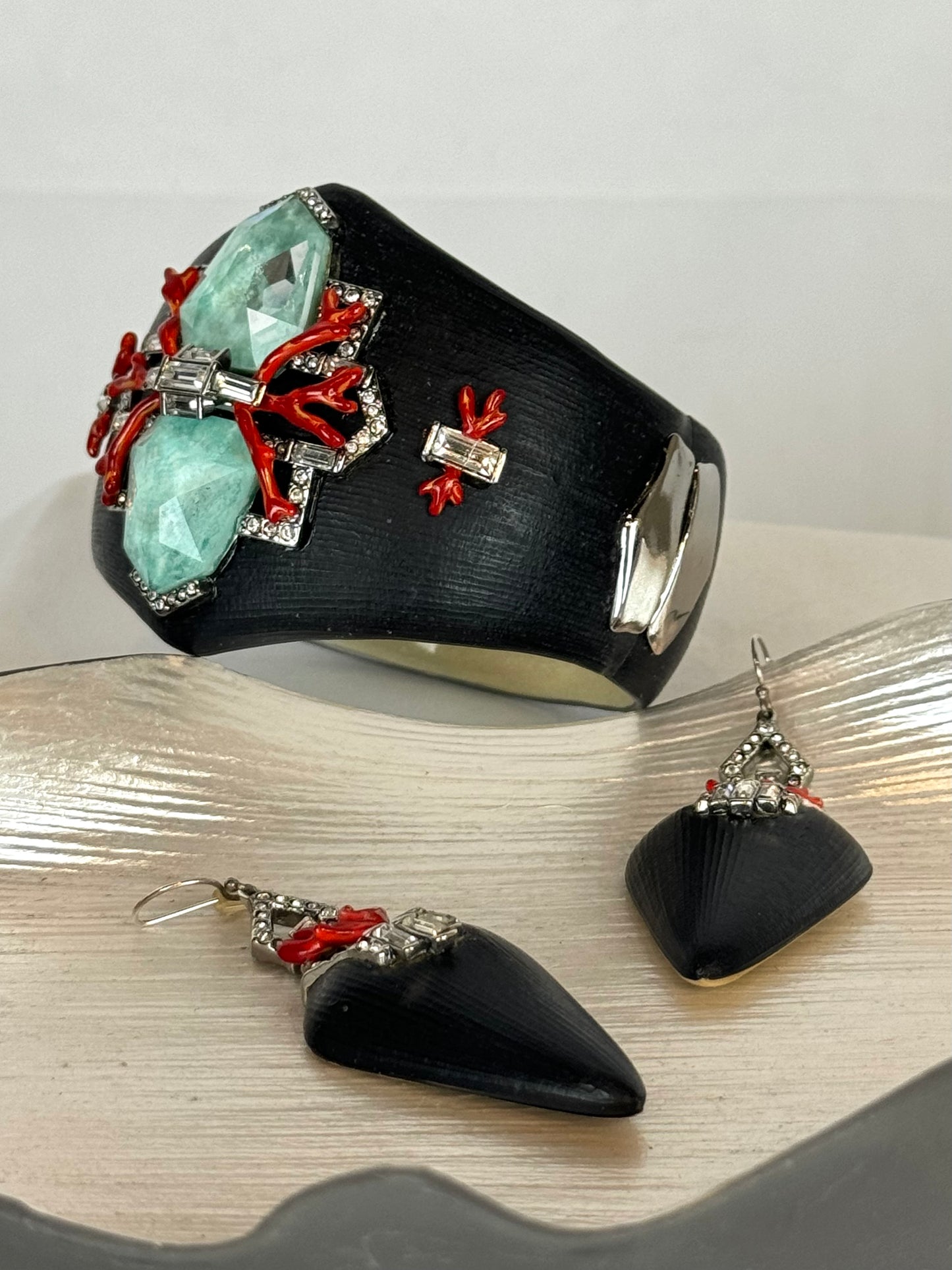 Alexis Bittar Black Matte Red & Crystal Triangle Dangle Earrings (Matching Cuff)