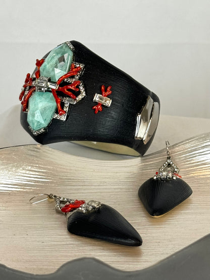 Alexis Bittar Black Matte Red & Crystal Triangle Dangle Earrings (Matching Cuff)