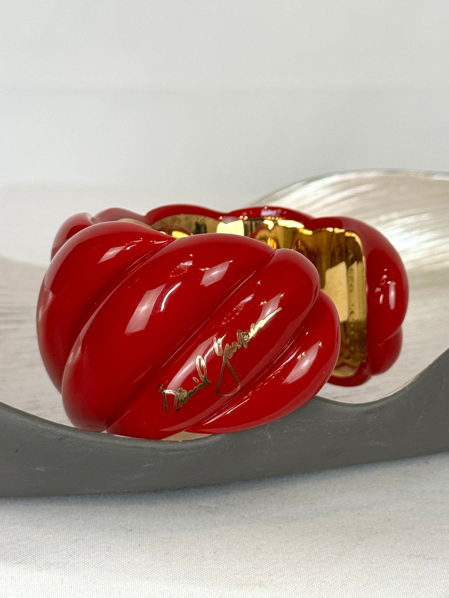 David Yurman Red 18K Gold Sculpted Cable Resin Cuff Bracelet