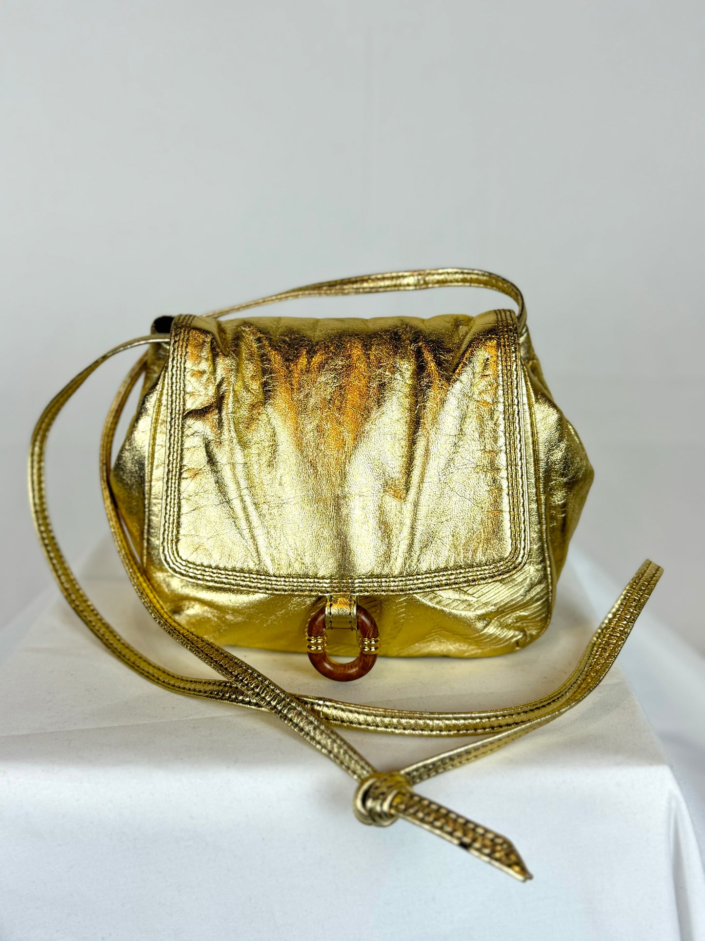 Vintage Loewe Gold Metallic Crossbody Flap Bag