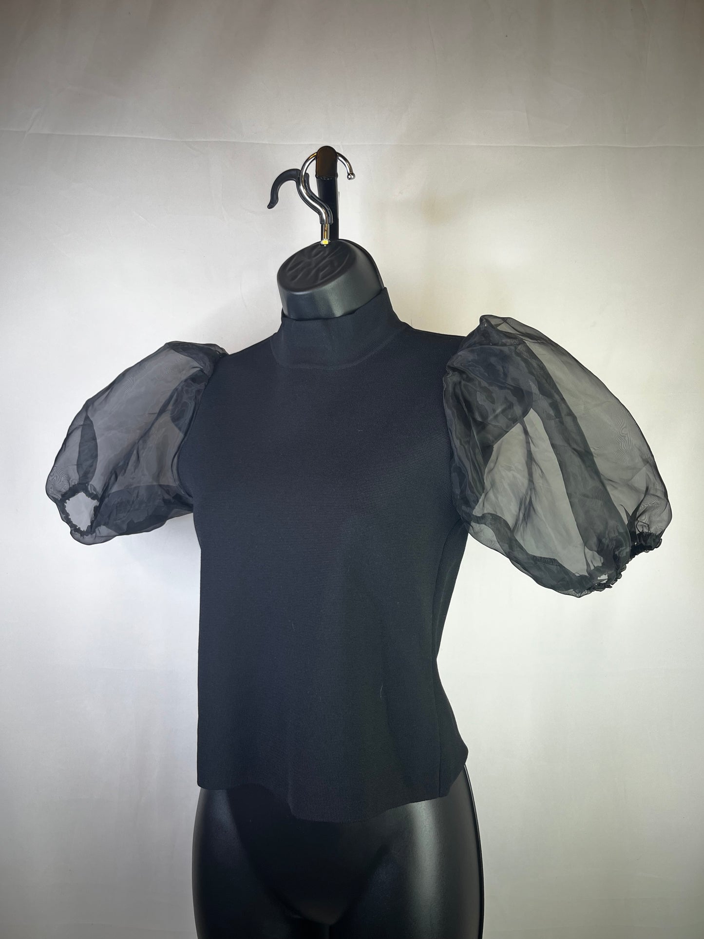 House of Harlow Black Knit Short Puff Sheer Sleeve Turtleneck Top