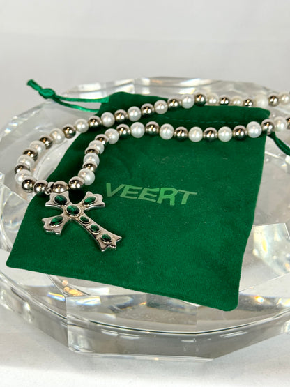 Veert Freshwater Pearl & 14K White Gold Rosary Cross Pendant w Green Zirconia Necklace