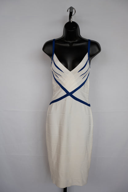 Herve Leger White w Blue Trim Sleeveless Bandage Knee-Length Dress