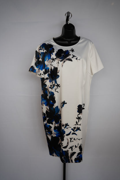 St. John White w/ Black & Blue Floral Print Short Sleeve Knee-Length Dress