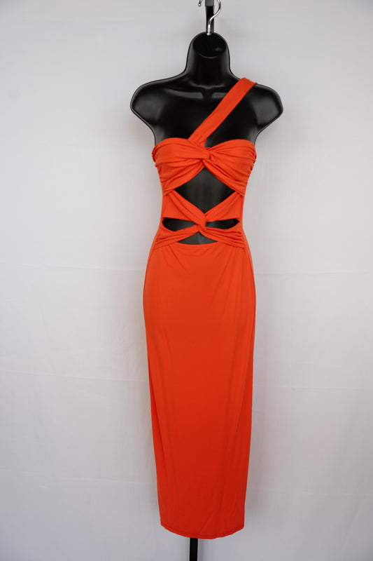 Ronny Kobo Orange One Strap Midi Dress w/ Twisted Open Front