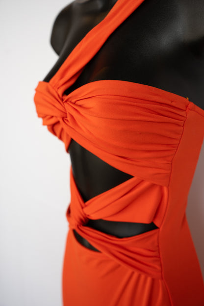 Ronny Kobo Orange One Strap Midi Dress w/ Twisted Open Front