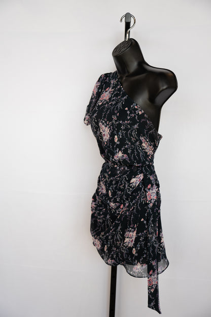 LoveShackFancy Black w/ Pink & Purple Floral Print Silk One Shoulder Mini Dress