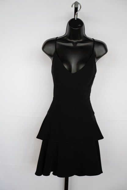 Amanda Uprichard Black Sleeveless V-Neck Fitted Mini Dress w Tiered Ruffles