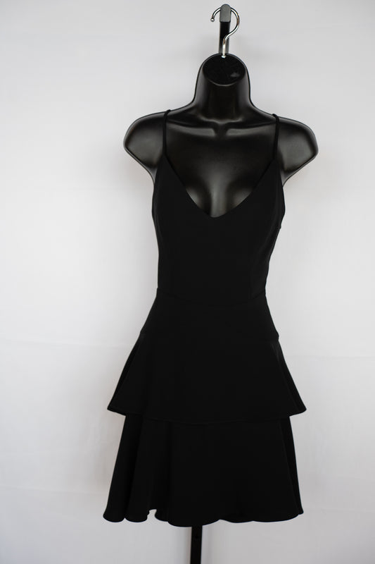 Amanda Uprichard Black Sleeveless V-Neck Fitted Mini Dress w Tiered Ruffles