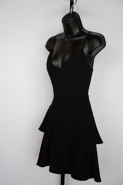 Amanda Uprichard Black Sleeveless V-Neck Fitted Mini Dress w Tiered Ruffles
