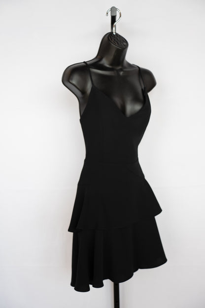 Amanda Uprichard Black Sleeveless V-Neck Fitted Mini Dress w Tiered Ruffles