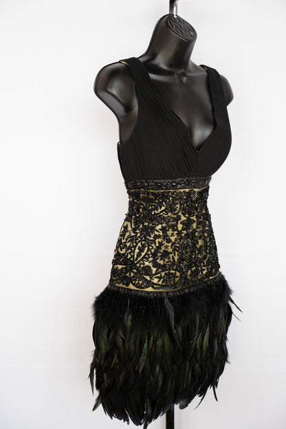 Sue Wong Black Sleeveless Pleated Lace Bead Tiered Feather Mini Cocktail Dress