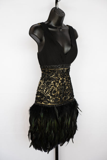 Sue Wong Black Sleeveless Pleated Lace Bead Tiered Feather Mini Cocktail Dress