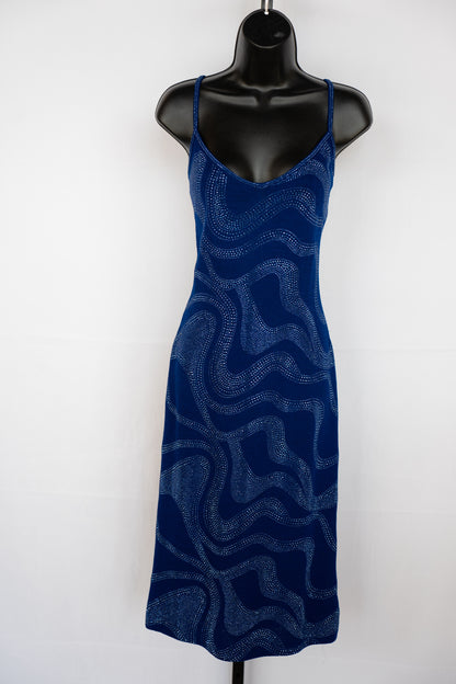 St. John Evening Knit Blue w Blue Rhinestone Detail Sleeveless Midi Dress