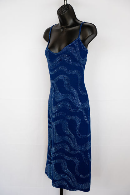 St. John Evening Knit Blue w Blue Rhinestone Detail Sleeveless Midi Dress