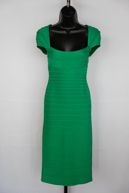 Herve Leger Green Cap Sleeve Open Back Knee-Length Bandage Dress