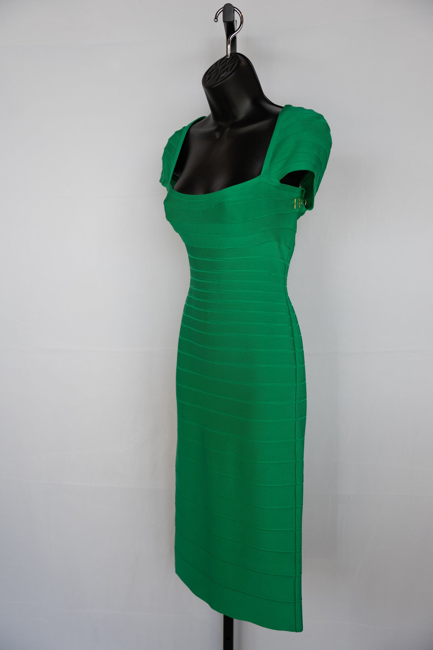Herve Leger Green Cap Sleeve Open Back Knee-Length Bandage Dress