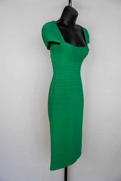 Herve Leger Green Cap Sleeve Open Back Knee-Length Bandage Dress