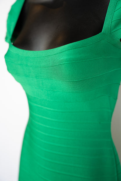 Herve Leger Green Cap Sleeve Open Back Knee-Length Bandage Dress