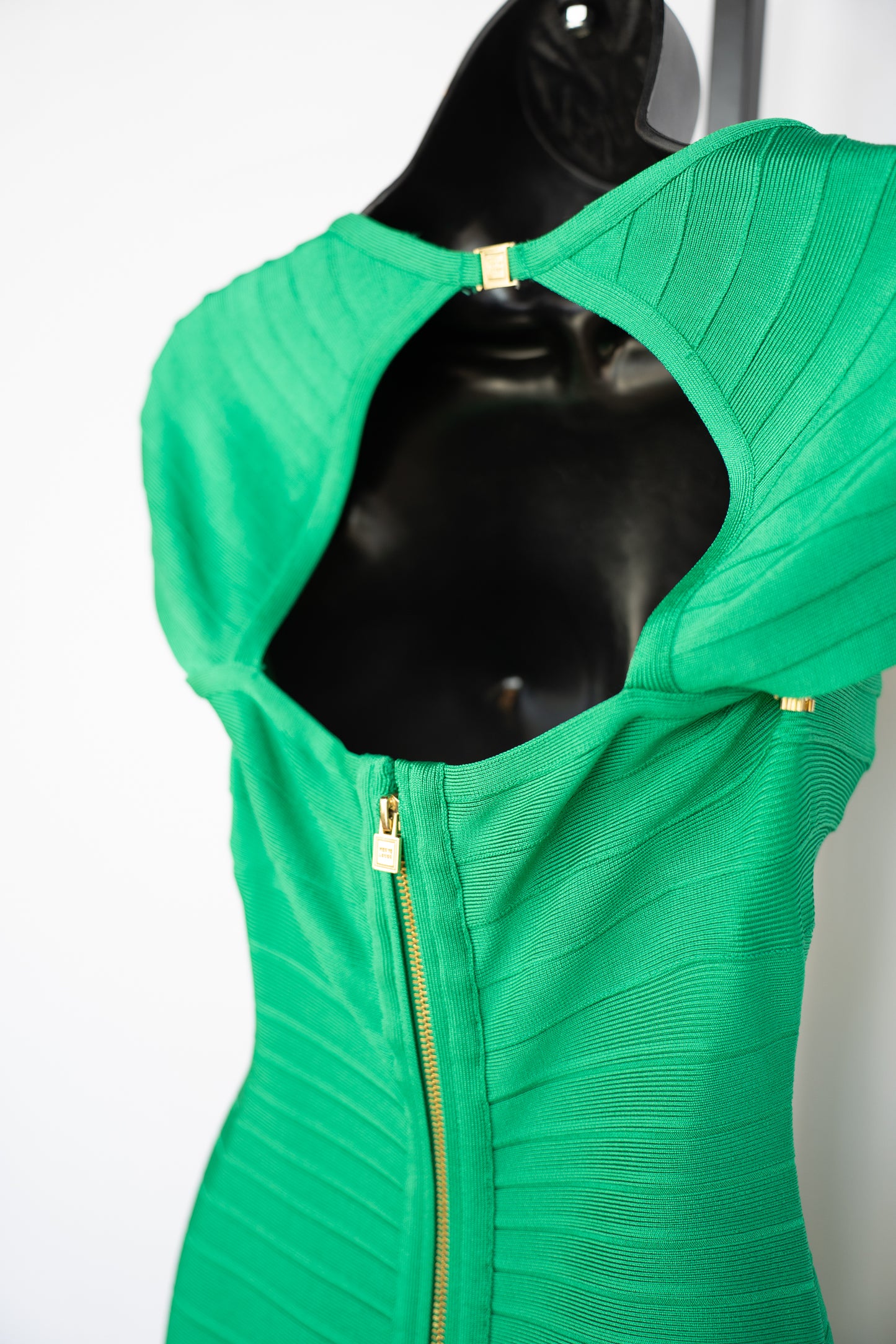 Herve Leger Green Cap Sleeve Open Back Knee-Length Bandage Dress