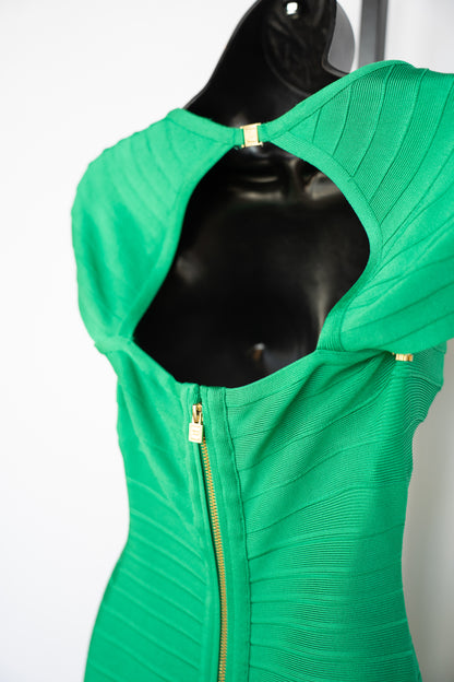 Herve Leger Green Cap Sleeve Open Back Knee-Length Bandage Dress