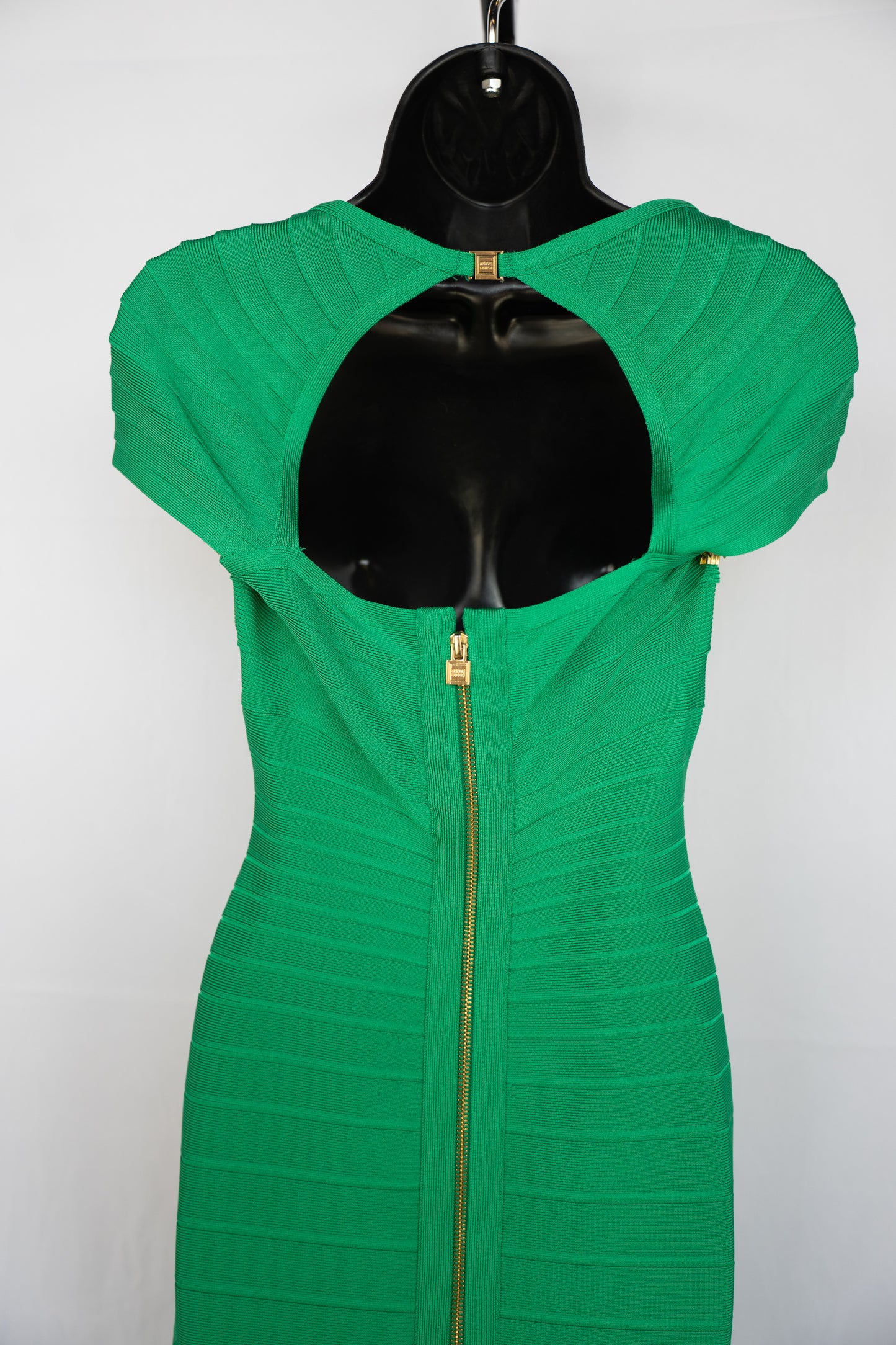 Herve Leger Green Cap Sleeve Open Back Knee-Length Bandage Dress