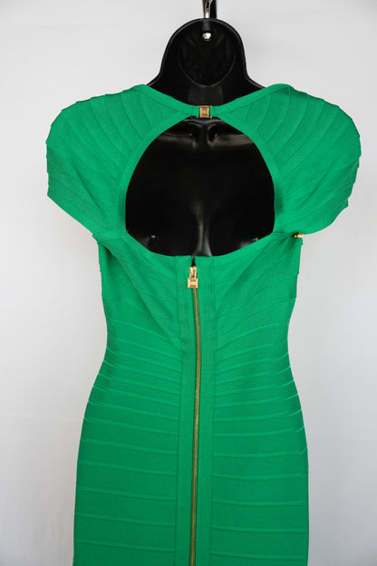 Herve Leger Green Cap Sleeve Open Back Knee-Length Bandage Dress