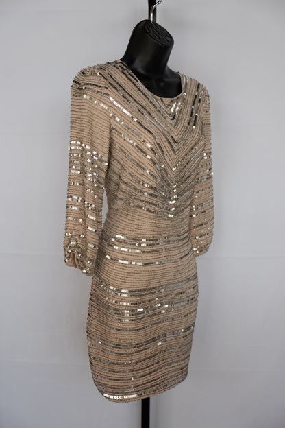 Parker Nude Long Sleeve Mini Dress w/ Silver Sequins & Beading