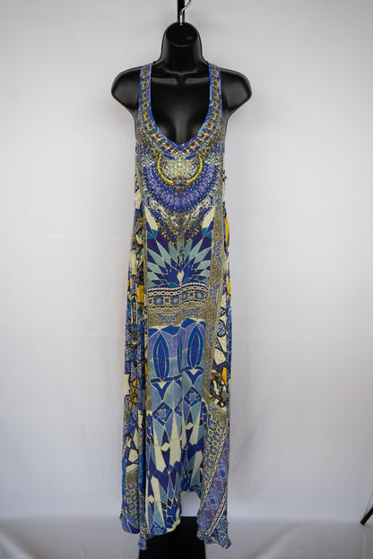 Camilla Blue & Yellow Pattern Sleeveless Maxi Dress w/ Rhinestone Neckline