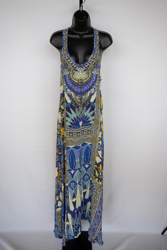 Camilla Blue & Yellow Pattern Sleeveless Maxi Dress w/ Rhinestone Neckline