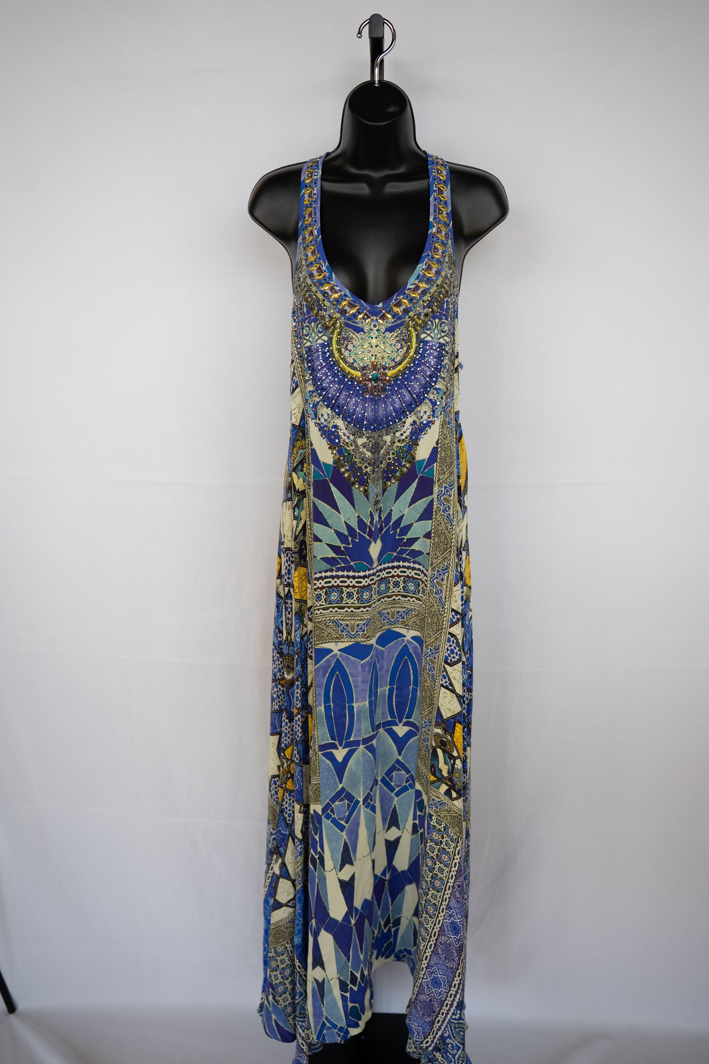 Camilla Blue & Yellow Pattern Sleeveless Maxi Dress w/ Rhinestone Neckline