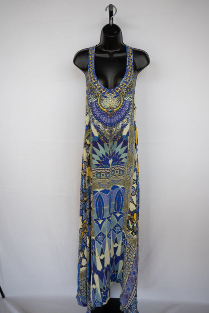Camilla Blue & Yellow Pattern Sleeveless Maxi Dress w/ Rhinestone Neckline