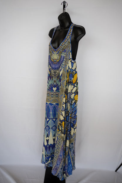 Camilla Blue & Yellow Pattern Sleeveless Maxi Dress w/ Rhinestone Neckline