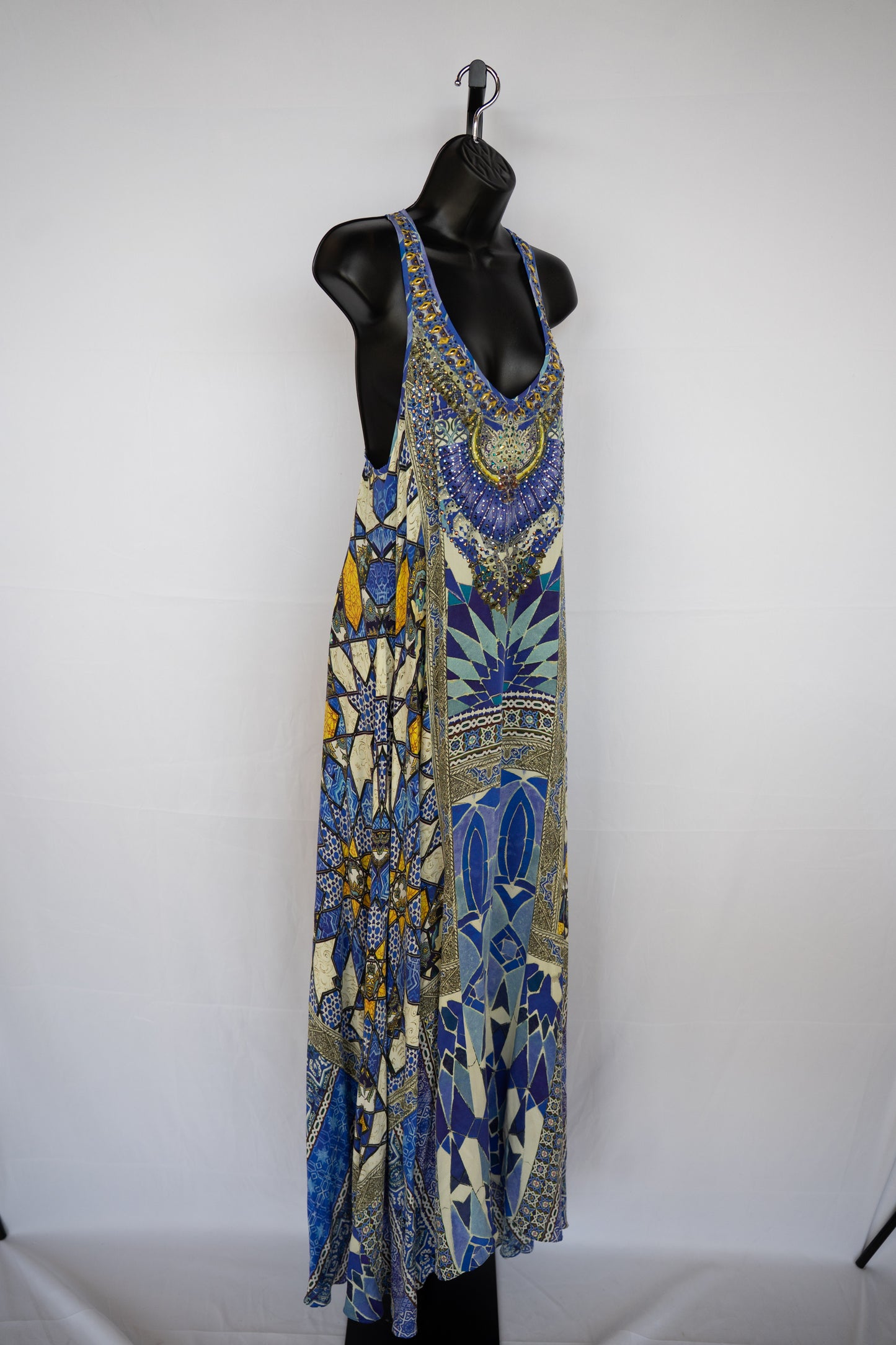 Camilla Blue & Yellow Pattern Sleeveless Maxi Dress w/ Rhinestone Neckline