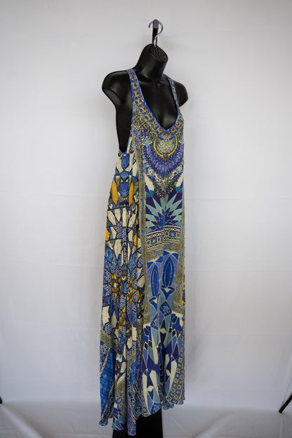 Camilla Blue & Yellow Pattern Sleeveless Maxi Dress w/ Rhinestone Neckline