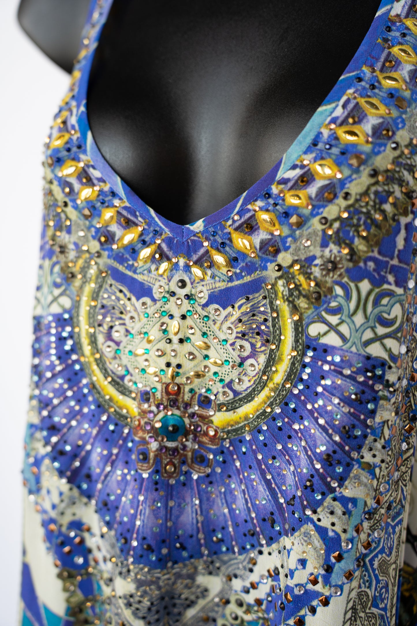 Camilla Blue & Yellow Pattern Sleeveless Maxi Dress w/ Rhinestone Neckline