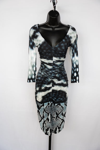 Roberto Cavalli Navy White Ombre Multi Print 3/4 Sleeve Ruched Middle Fitted Midi Dress