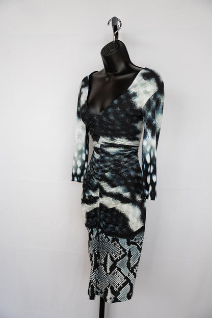 Roberto Cavalli Navy White Ombre Multi Print 3/4 Sleeve Ruched Middle Fitted Midi Dress