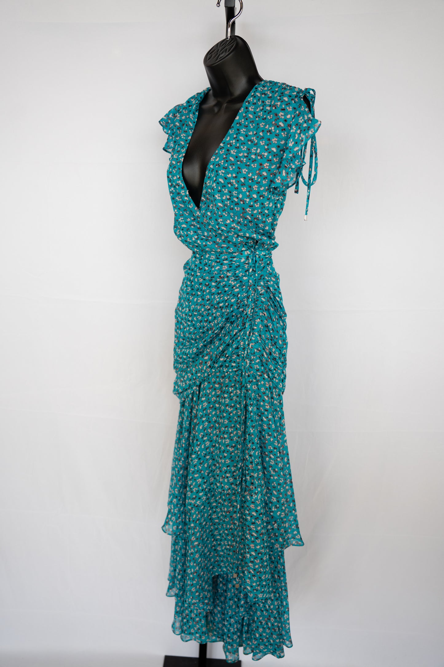 Veronica Beard Blue Silk Floral Cap Sleeve V-Neck Maxi Dress w/ Ruching