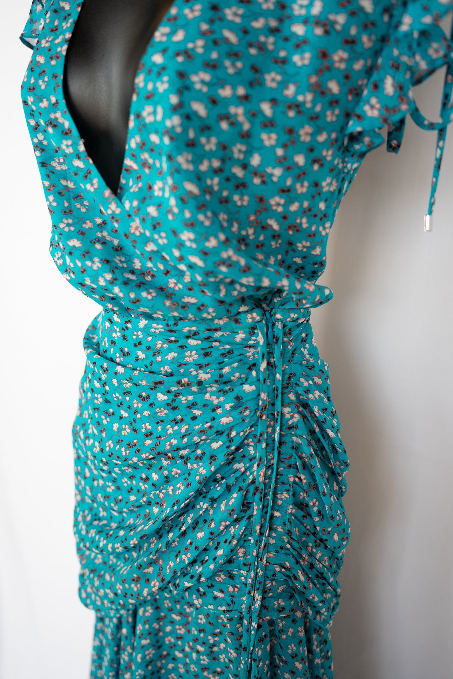 Veronica Beard Blue Silk Floral Cap Sleeve V-Neck Maxi Dress w/ Ruching