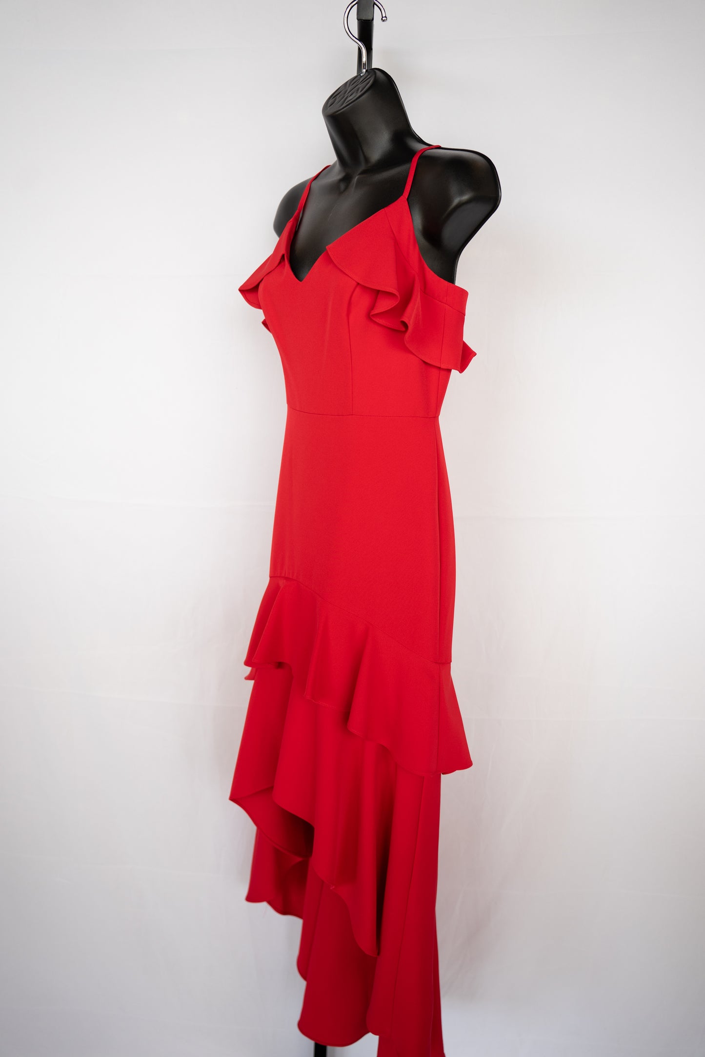 Aidan Mattox Red V-Neck Sleeveless High-Low Hem Full-Length Dress w Ruffle Detail