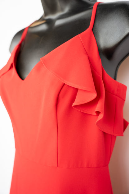 Aidan Mattox Red V-Neck Sleeveless High-Low Hem Full-Length Dress w Ruffle Detail