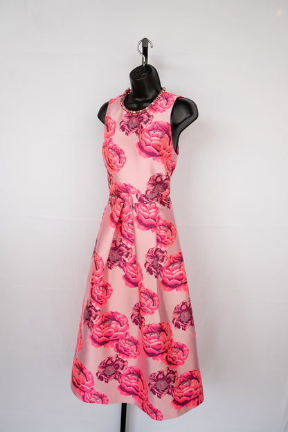 Alice + Olivia Multi Pink Floral High Jeweled Neckline Pleated Midi Dress