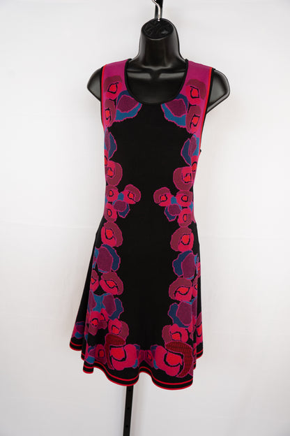 Diane Von Furstenberg Knit Black w Purple Pink Red Floral Sleeveless Fit & Flare Knee Dress