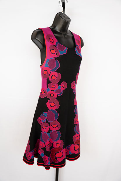 Diane Von Furstenberg Knit Black w Purple Pink Red Floral Sleeveless Fit & Flare Knee Dress