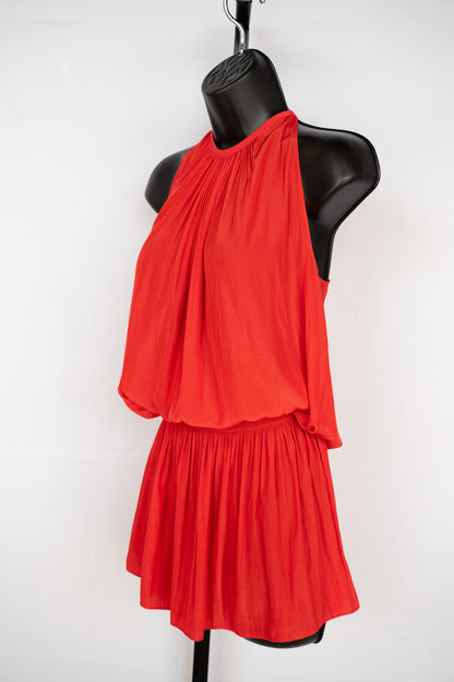 Ramy Brook Silk Red Halter-Neck Sleeveless Smocked Waist Mini Dress