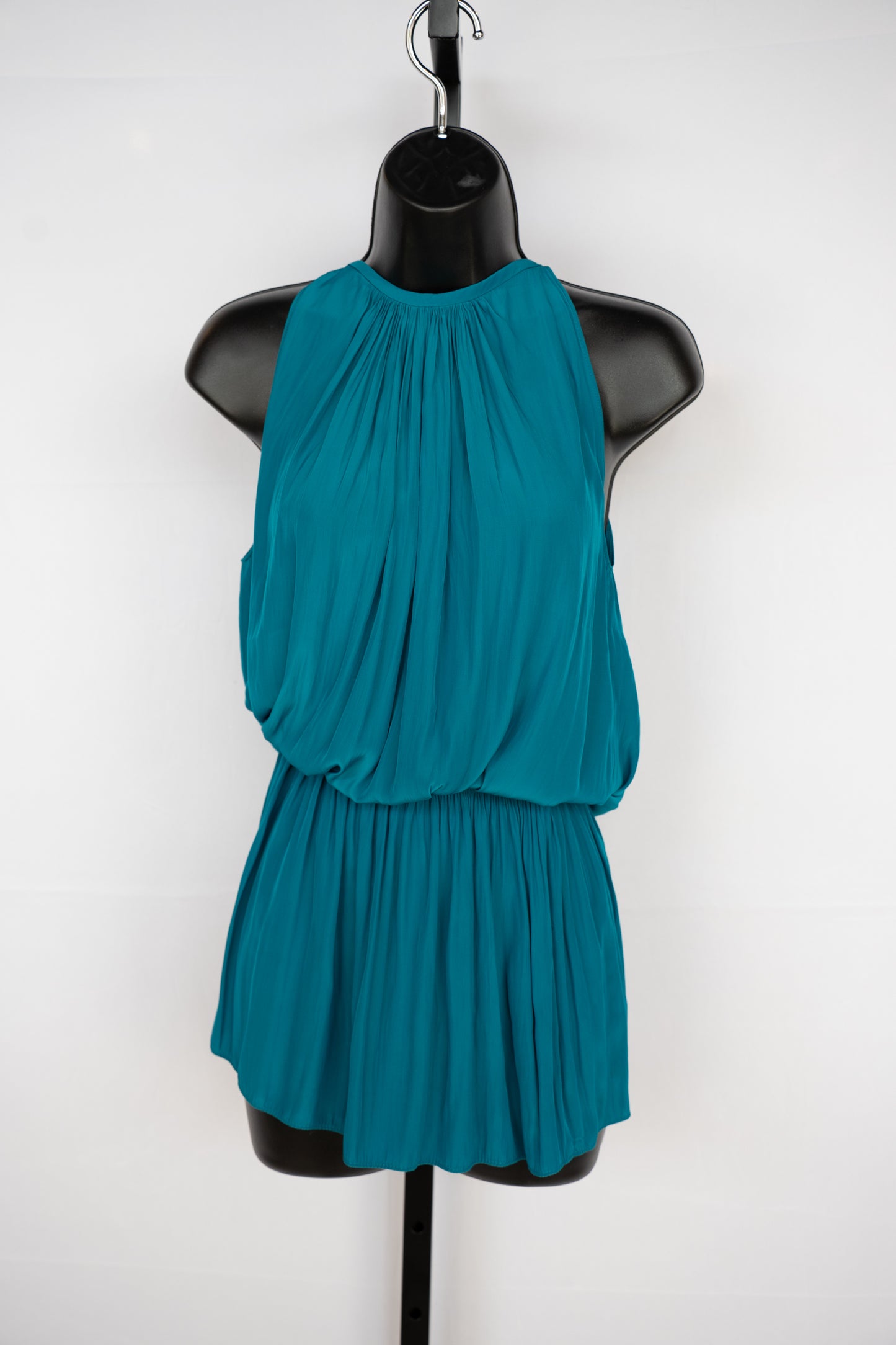 Ramy Brook Silk Dark Turquoise Halter-Neck Sleeveless Smocked Waist Mini Dress