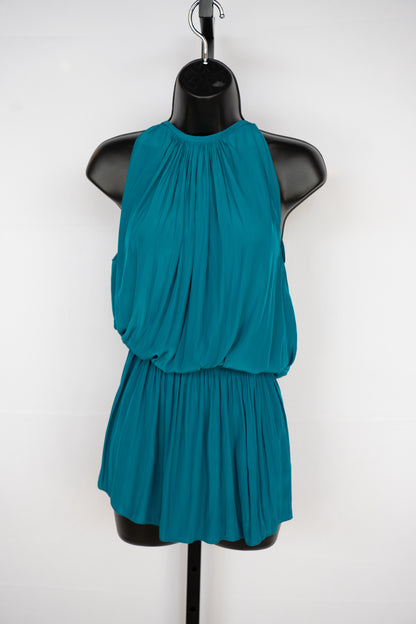 Ramy Brook Silk Dark Turquoise Halter-Neck Sleeveless Smocked Waist Mini Dress