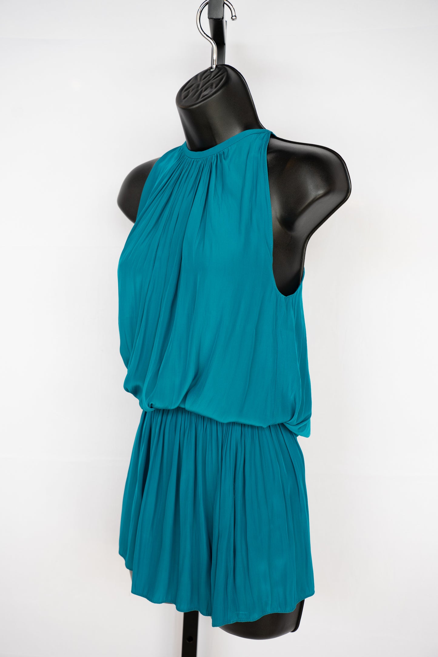 Ramy Brook Silk Dark Turquoise Halter-Neck Sleeveless Smocked Waist Mini Dress
